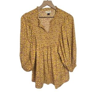 Universal Thread Floral Smocked Blouse Women Medium Yellow Cotton Blend Boho